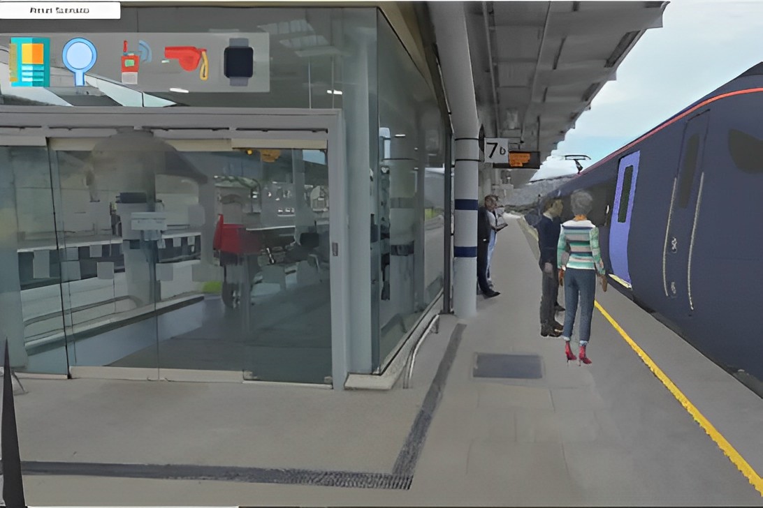 Augmented reality showing CGI characters on a real train platform